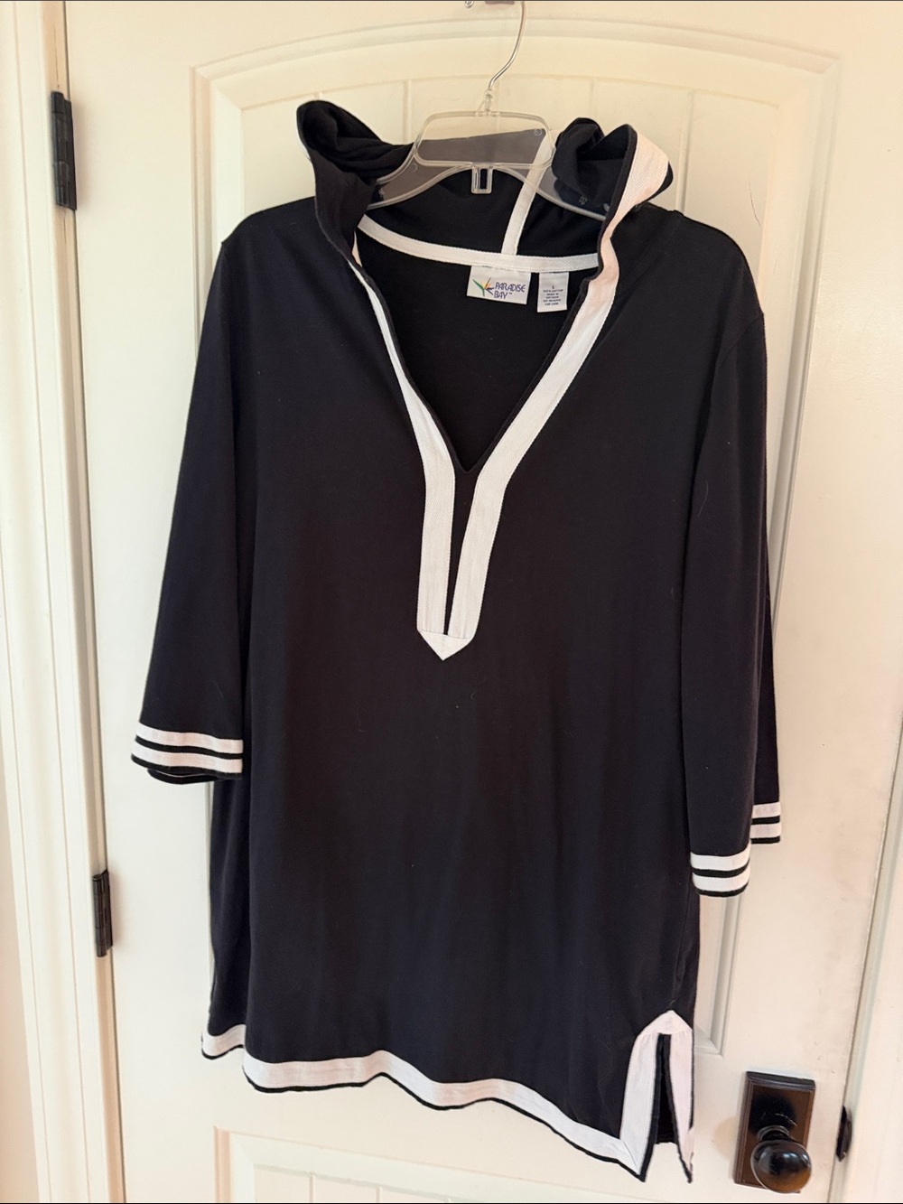 Black Hooded Tunic Cover-Up with White Trim Size L